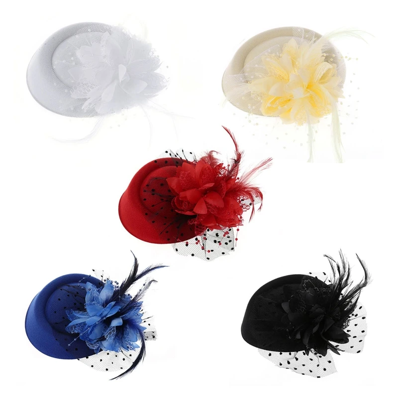 Fascinator Hats for Women Pillbox Cap with Flower Feather Mesh Veil and Hair Clip Cocktail Tea Party Headwear Headdress