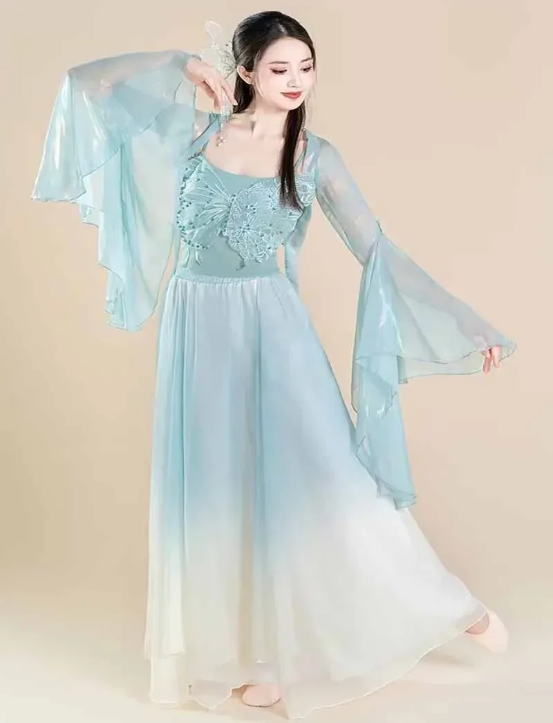 أزياء الرقص الكلاسيكي فراشة الشاش أنابيب كولوتيس 3 قطعة مجموعة النساء الصينية الجسم ممارسة موحدة الوردي الأبيض الأزرق فستان رقص
