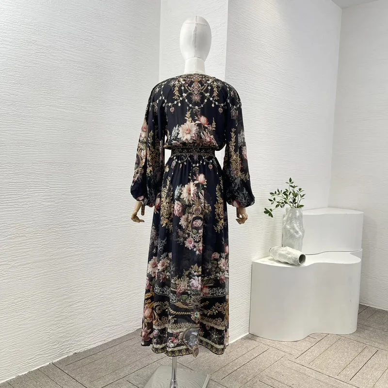 Silk high quality black women full lantern sleeve shirred graceful 2024 floral print V-neck midi dress