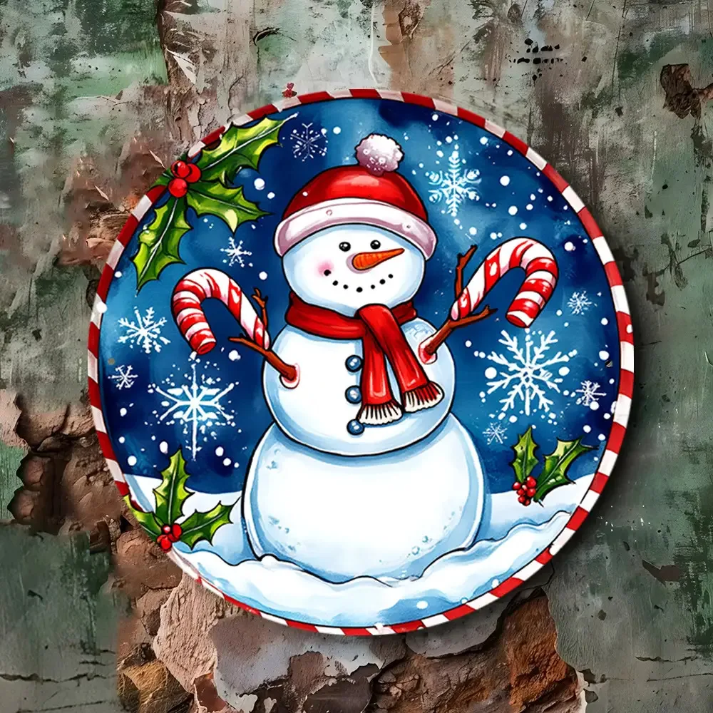 1pc 7,87 pollici rotondo in alluminio pupazzo di neve wall art - cartello piatto in metallo 2D con fori preforati, riutilizzabile per interni Natale e per hallo