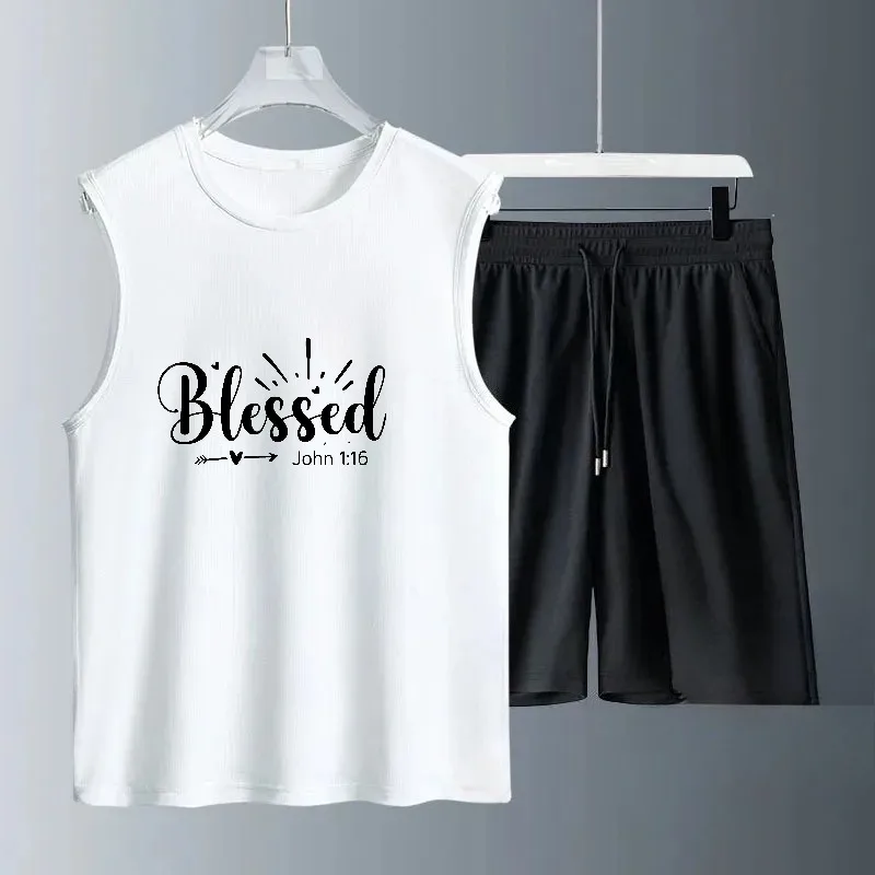 

2025 тонкий повседневный мужской комплект с английским абстрактным художественным принтом, жилет, стильный удобный летний наряд, дышащая ткань для повседневного ношения, костюма