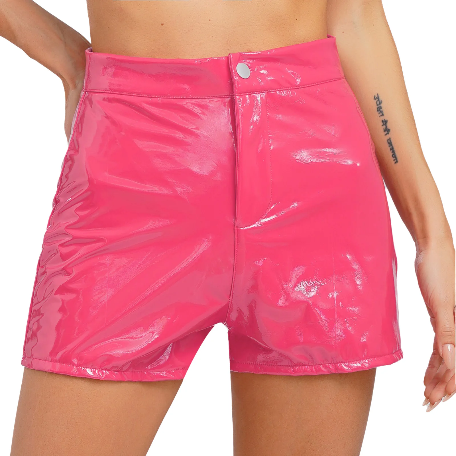 Sissy Women PU Leather Shorts Summer Party Club Bar Play Shorts Cool High Waist Straight Button Smooth Glossy Micro Hot Shorts