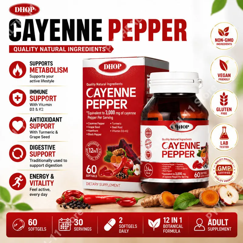 Cápsulas Blandas de Pimienta de Cayena DHOP con Vitamina D3, Vitamina E y Vitamina K2, Aceite de Semilla de Uva, Extracto de Remolacha y Espino Blanco, 60 Cápsulas