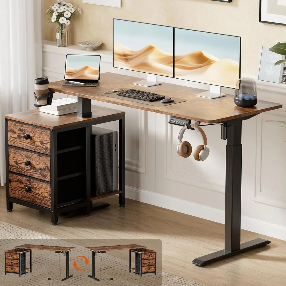 

Electric Height-Adjustable Desk, 55 x 24 Sit-Stand Desk with Storage, 3 Memory Presets, Cable Management, Rustic Brown