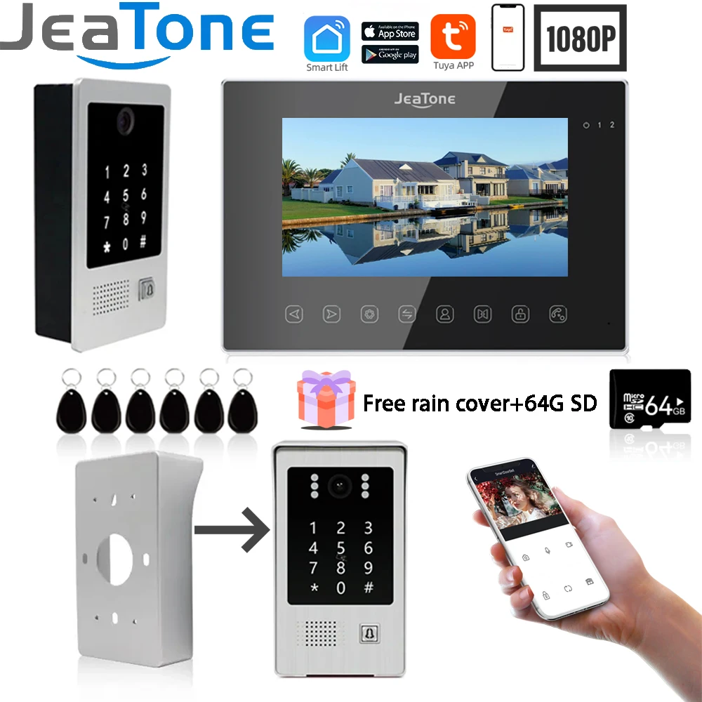 Jeatone 7Inch Tuya Wirless Wifi 1080P Video Intercom For Private Home System Doorbell with Support Record Password RFID Card