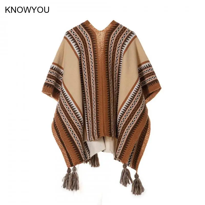 

Vintage Ethic Style Cloaks Women Warm Knitting Wraps Versatile Scarf Fashionable Cape Artificial Cashmere Lady Outwear Jacket