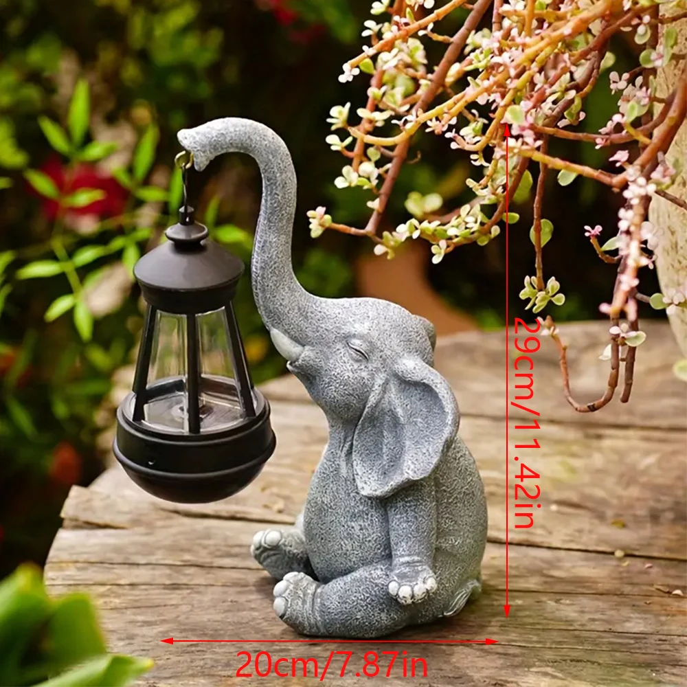 1PC Resin Elephant Garden Statue with Solar Lantern Light Cute Elephant Figurine Outdoor Decor Ornament for Yard Lawn Patio