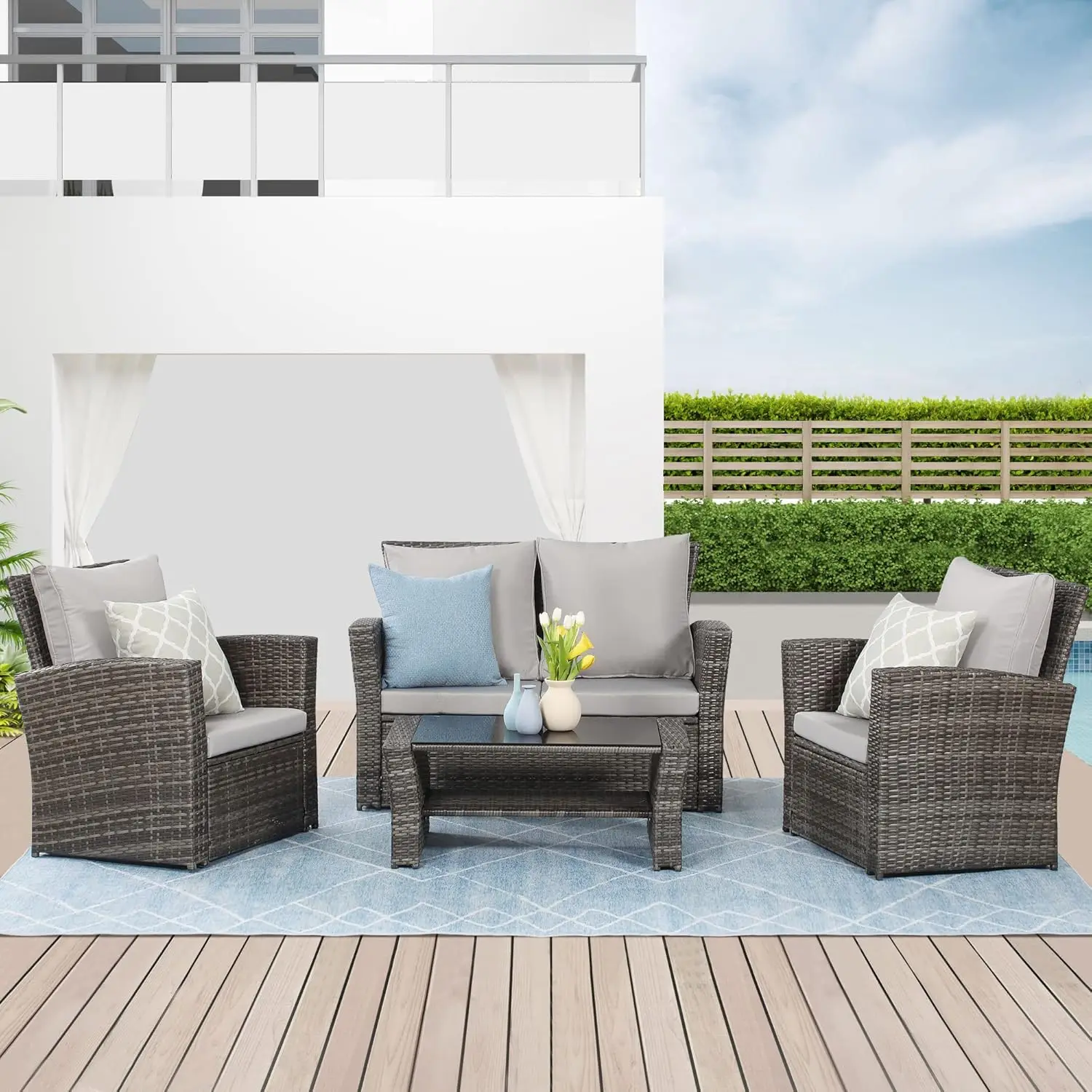 Set di mobili da giardino per esterni da 4 pezzi, set da conversazione in vimini per terrazza del portico, poltrona in rattan grigio con cuscino