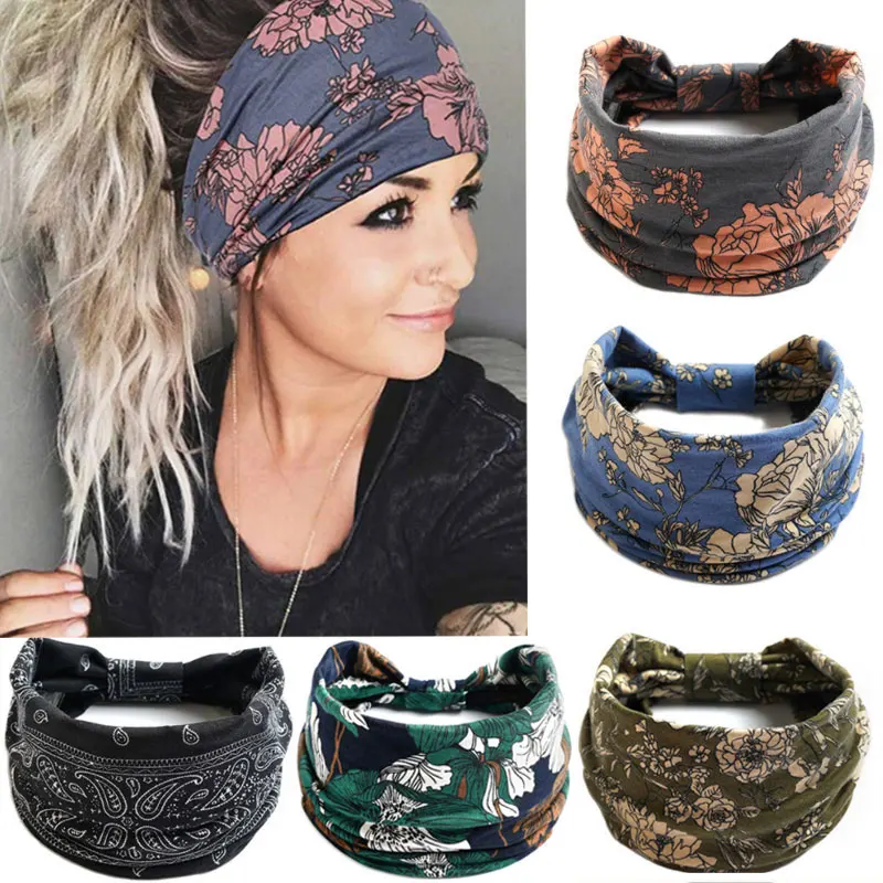 Boho Flower Print Wide Headbands Vintage Knot Elastic Turban Headwrap for Women Girls Cotton Soft Bandana Hair Accessories