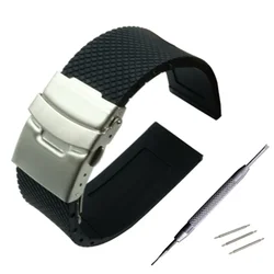 HQ New Design Black Silicone Rubber Watch Strap Band Deployment Buckle Waterproof 20mm 22mm 24mm