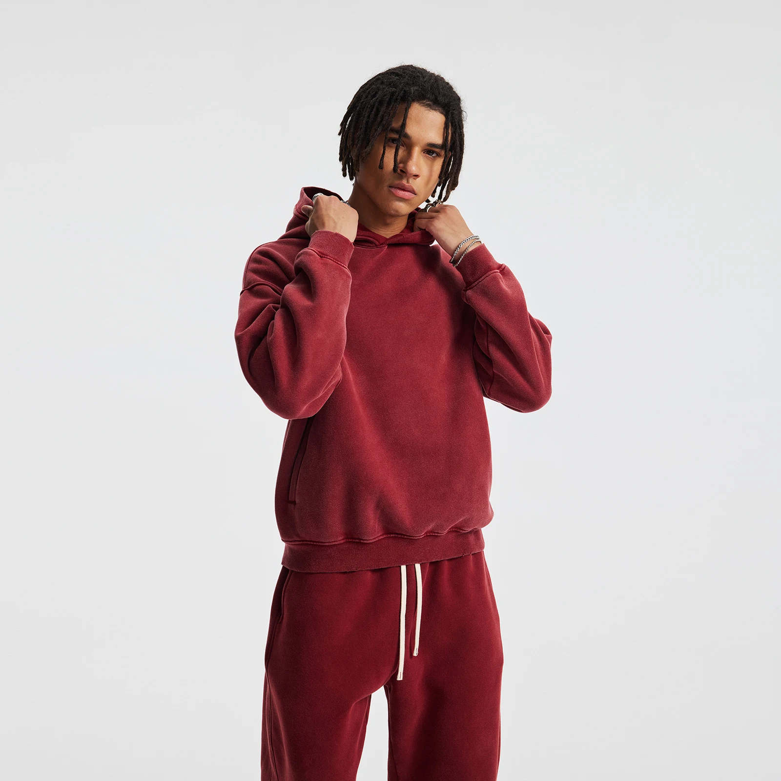 

New Autumn Winter Velvet Wax Printing Washed Grinding Edge Side Pocket Hoodie Fleece Vintage Distressed Pullover Oversized Y2kj