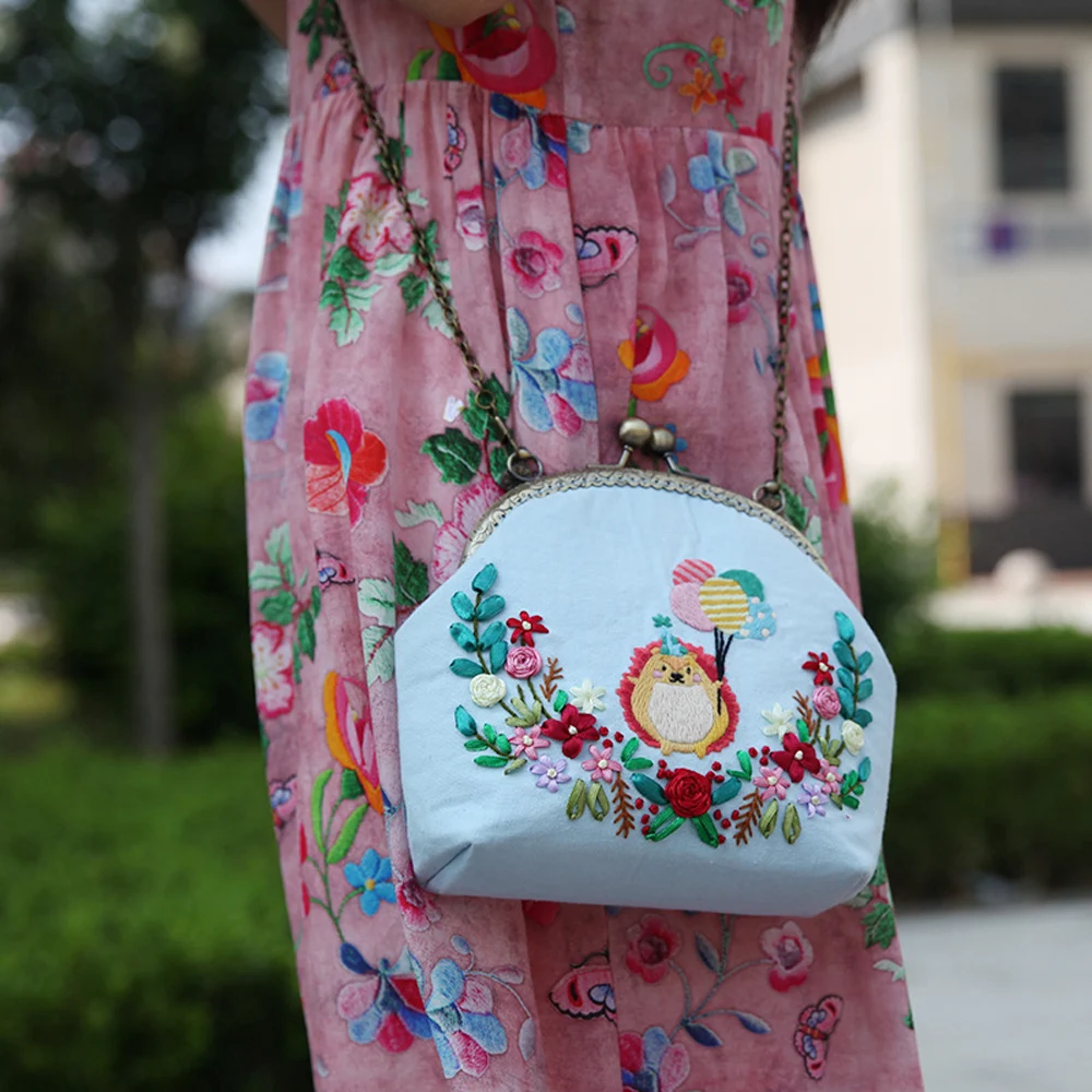 3D DIY Embroidery Bag Handcraft Needlework Cat Fox Pattern Cross Stitch Kit Portable Messenger Bag, Sling Chain Handbag