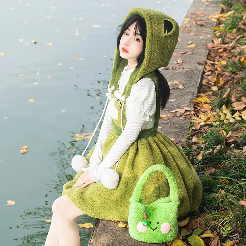 Kawaii Frog Lolita Girls Jsk Dress Sleeveless Knee Length  Plush Pod Dress Woman Autumn Winter Lolita Costume