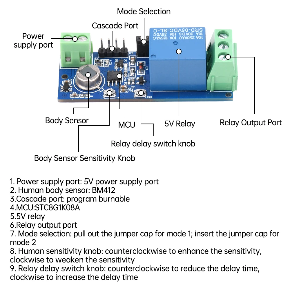 1 Channel DC5V Human Body Infrared Sensor Single-Channel Relay Module Delay Adjustable Dual Mode