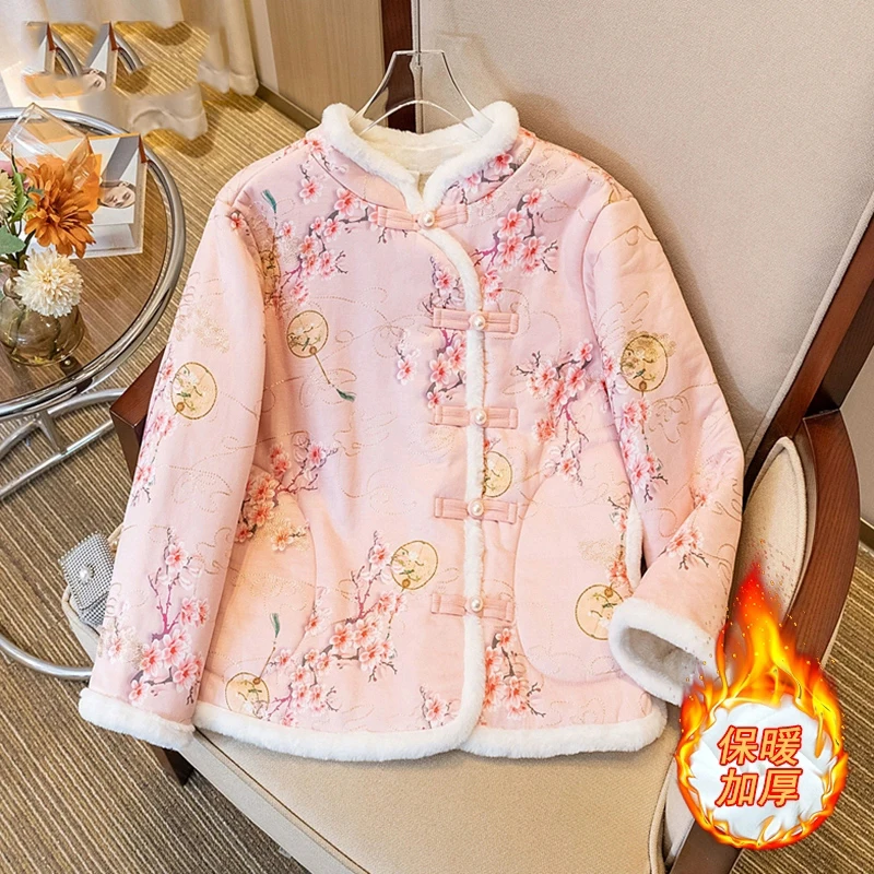 Thick New Chinese O-Neck Printed Cotton Coat Women's Winter Outwear 2025 New High-end National Style Single-breasted Warm Jacket