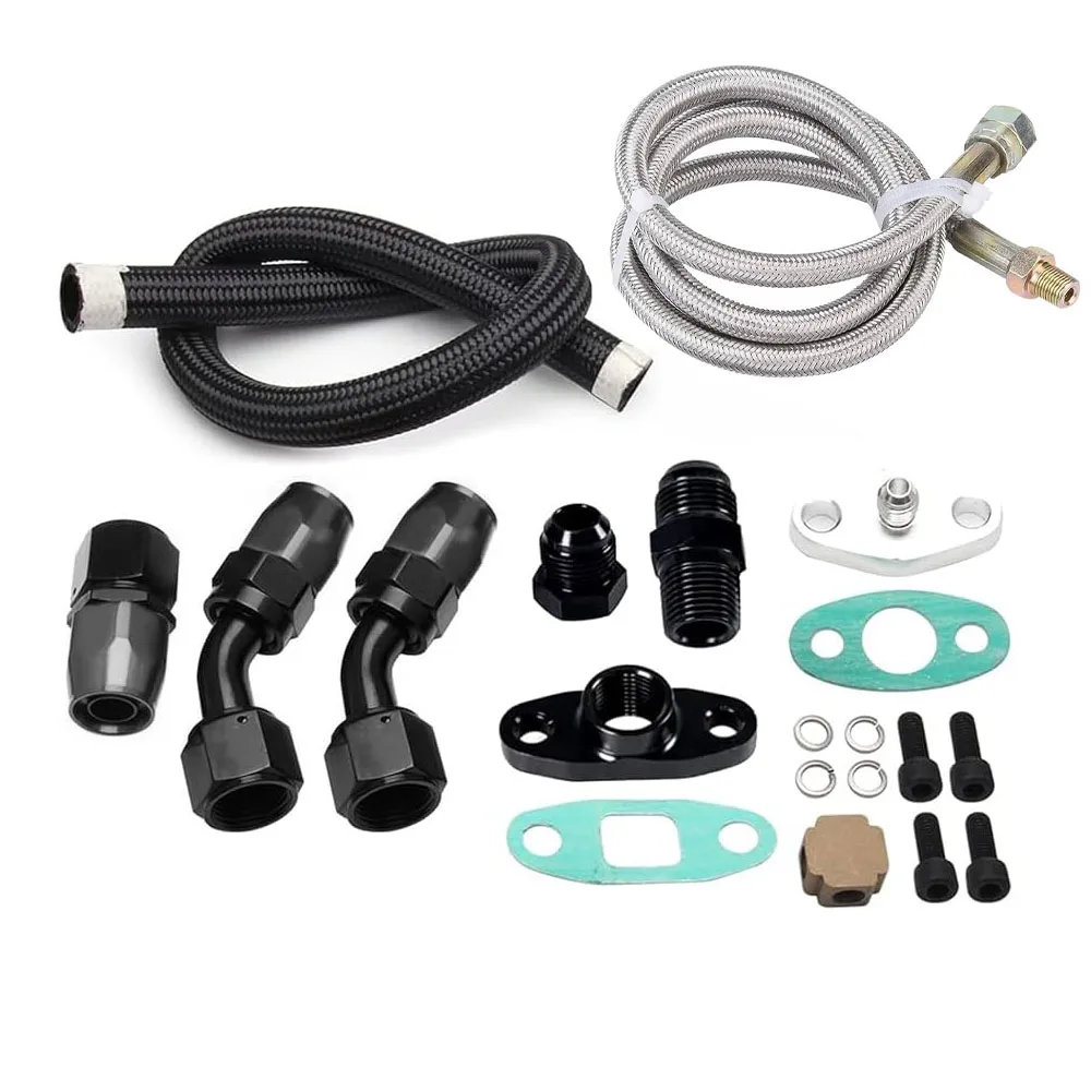 Turbo น้ํามันสุทธิท่อระบายน้ํา + ไนลอนถักเหล็กการใช้ฟีดชุด Fit สําหรับ T3 T4 T3/T4 T70 T66 t70 GT32 GT42 Turbo Auto Parts