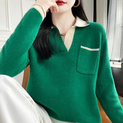 가을 시즌 100% 메리노 울 니트 여성 폴로 넥 컬러 매칭 플러스 사이즈 루즈핏 스웨터 포켓 티셔츠