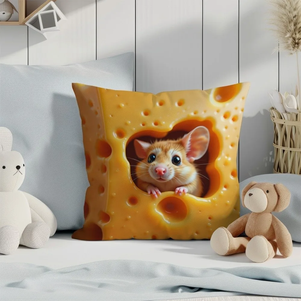 2D Cheese Shaped Sofa Cushion Cover Whimsical Decorative Mouse in Cheese Pillowcase Alpaca Dog Throw Pillow Cover Living Room