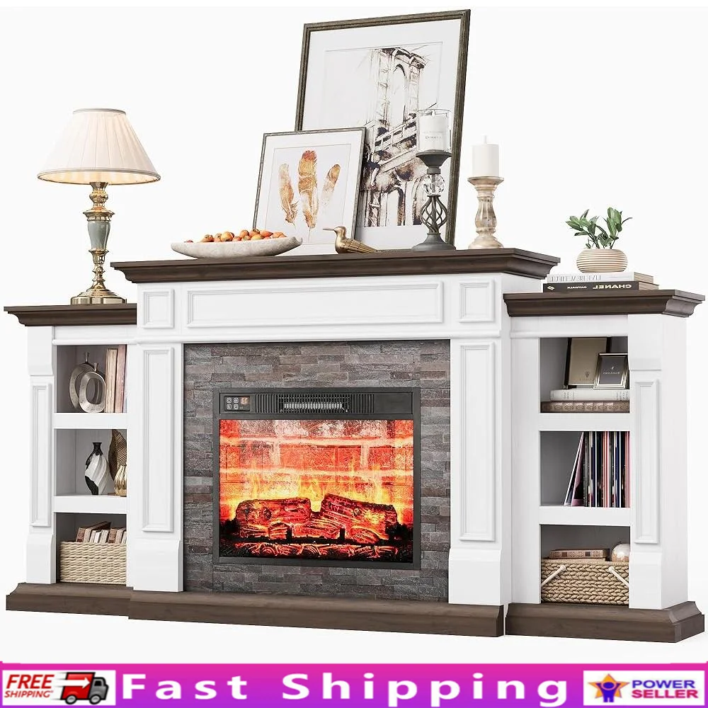 Electric Fireplace Stand with Stacked Stone Surround TV Stand Heater Remote Control Adjustable Flame 2 Storage Cabinets Home