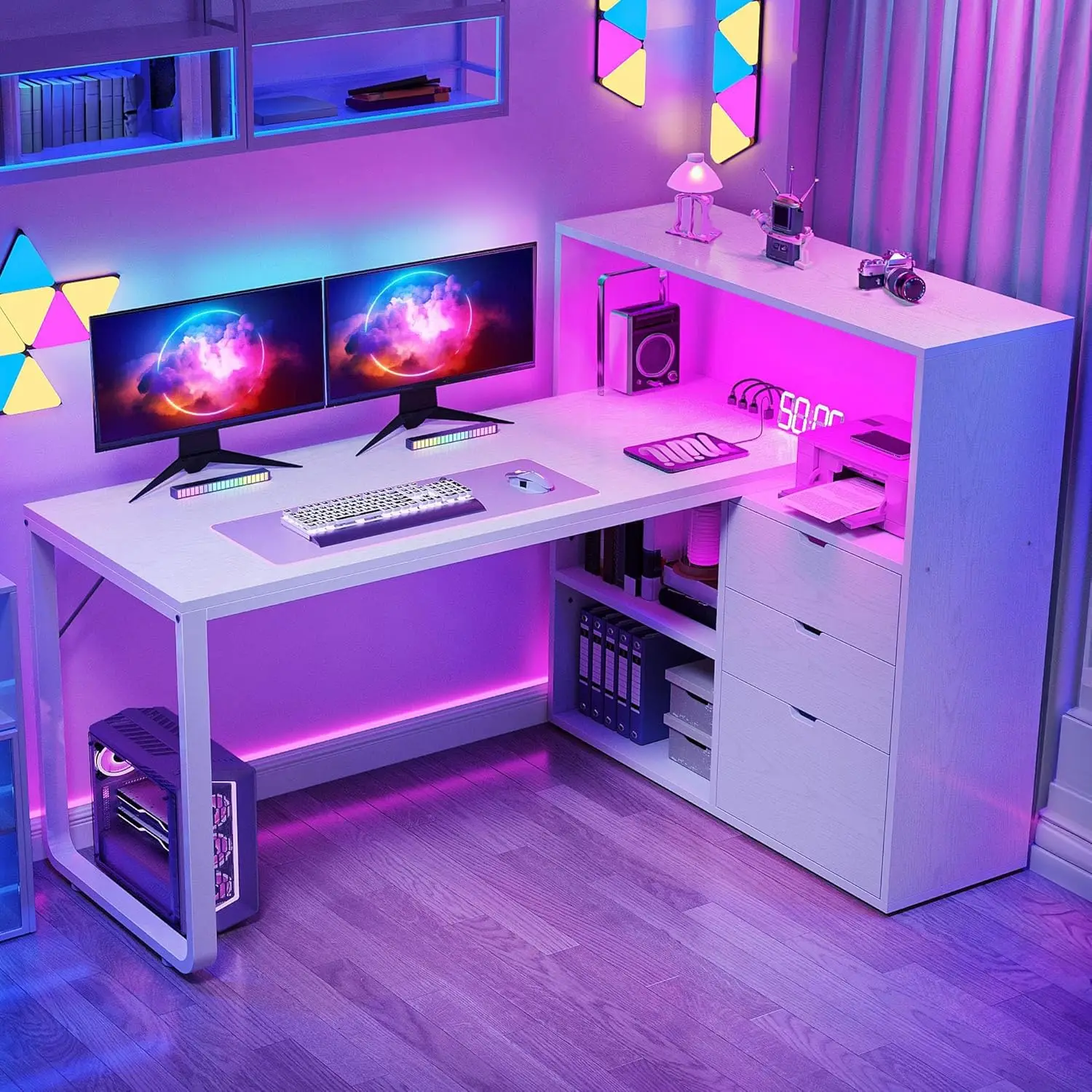 

L Shaped Desk with Drawers, 55" Corner Computer Desk with Bookshelf & Power Outlets & LED Lights, Home Office Desk with Storage
