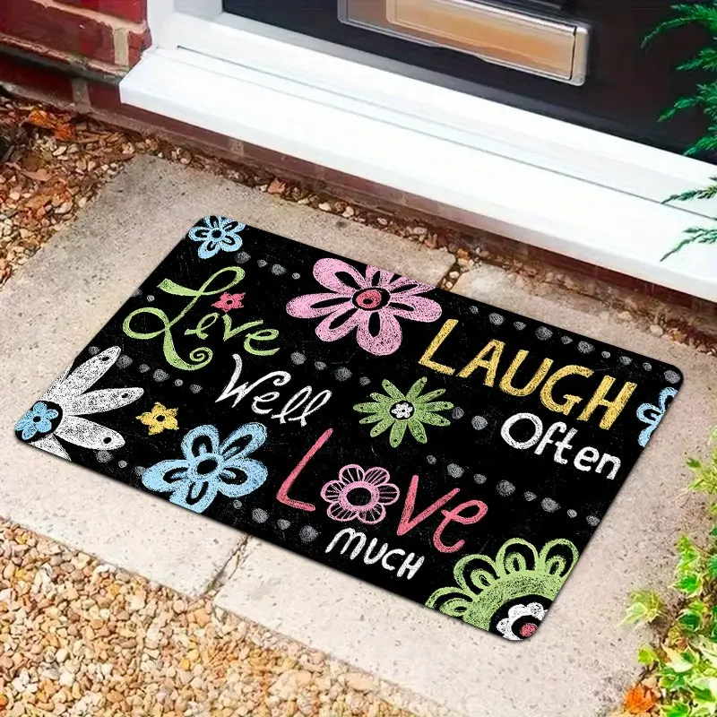 Rustic Black Floral Style Base Wildflower Silhouette Border Welcome Cursive Print Non Slip Farmhouse Entry Doormat