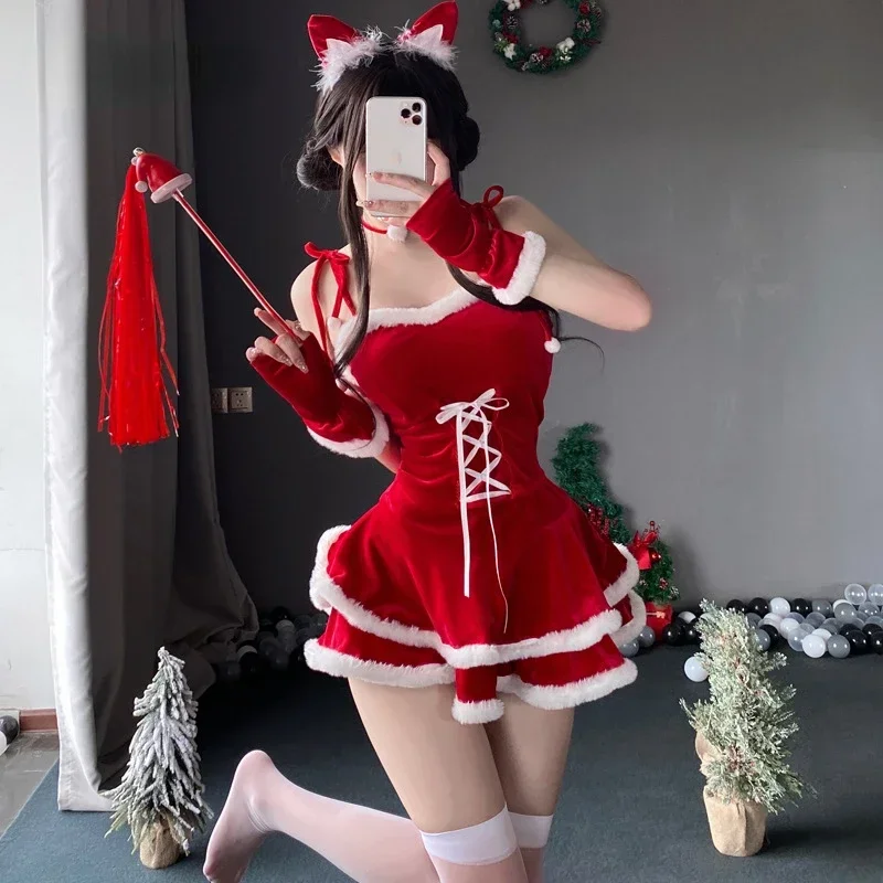 Christmas Sexy Plush Bunny Girl Uniform Cosplay Costume Velvet New Year Red Dress Nightdress Role Play Outfits Underwear Girl