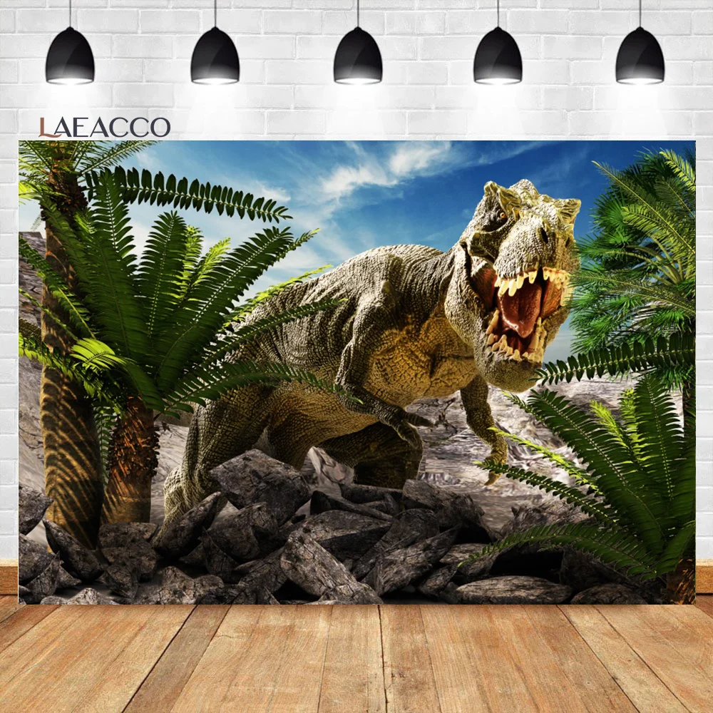 Laeacco Dinosaur Backdrop 3D Jungle World Dinosaur Kingdom Boys Birthday Baby Shower Portrait Customized Photography Background