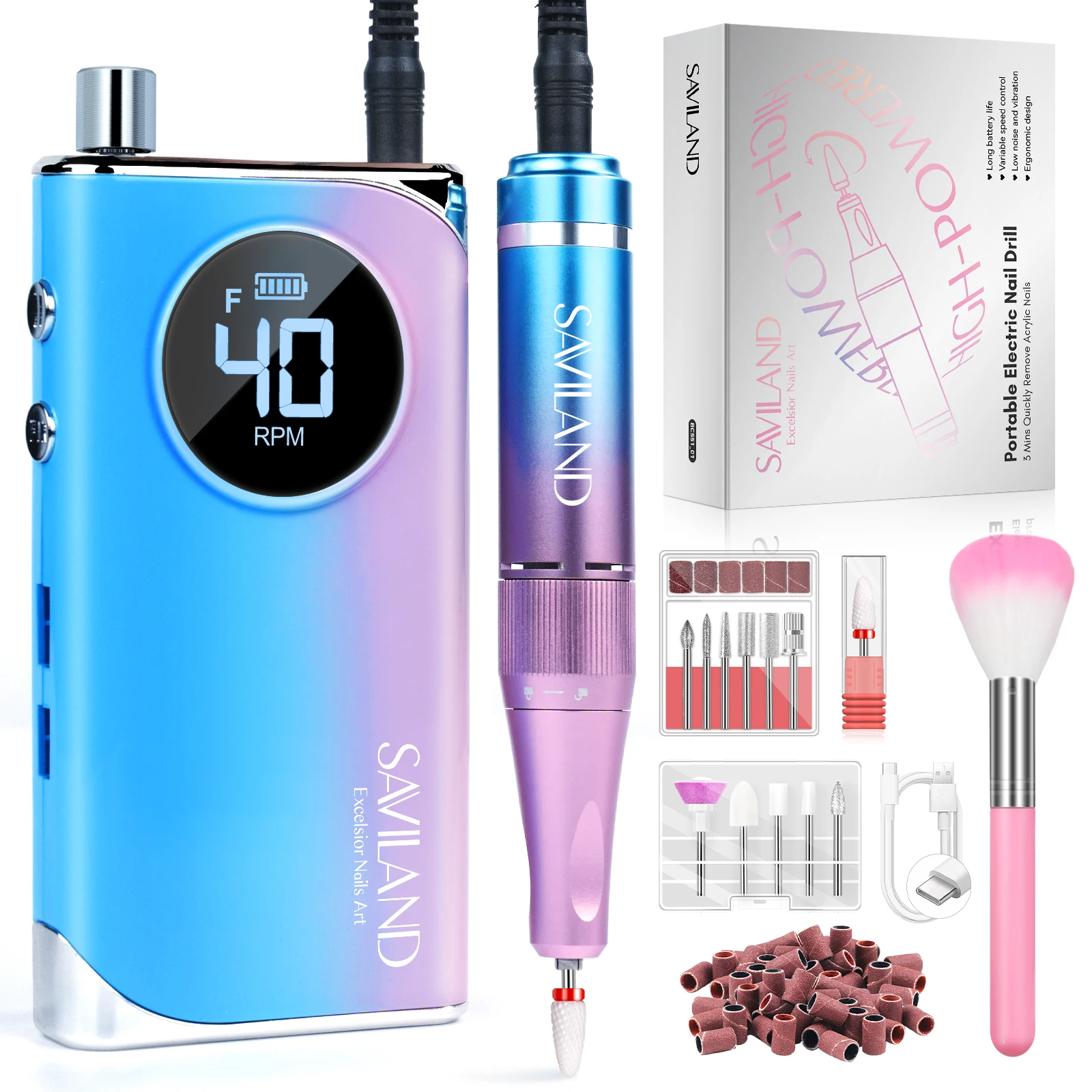 SAVILAND 40000 obr./min profesjonalna elektryczna wiertarka do paznokci akumulatorowa pilnik do paznokci z 12 wiertłami do usuwania paznokci akrylowych