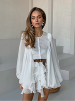 Layered Ruffles Full Sleeve Mini Dress Women Elegant Solid Single-breasted High Waist O Neck Gown Lady Highstreet Dresses 2025