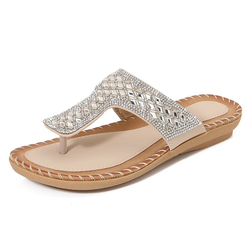 

Beach Sandals Women's Outdoor Wear Summer New Bohemian Diamond Holiday Large Size Slip-On Shoes Casual Flat Heel PU