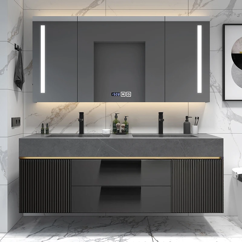 

#Light Luxury Slate Integrated Basin Bathroom Cabinet Double Washbasin Combination Toilet Washbasin Modern Simple Oak Smart