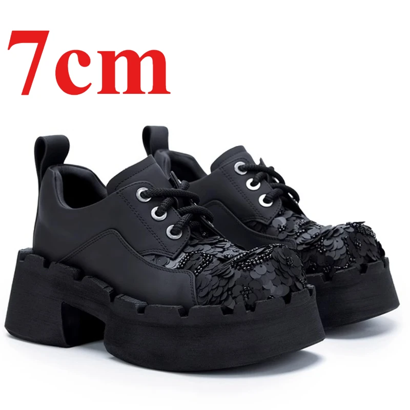 

Original Trendy Thick Soled Leather Shoes for Women's 7cm Genuine Leather Shining Big Head Shoes Fashion Height Increasing Shoes