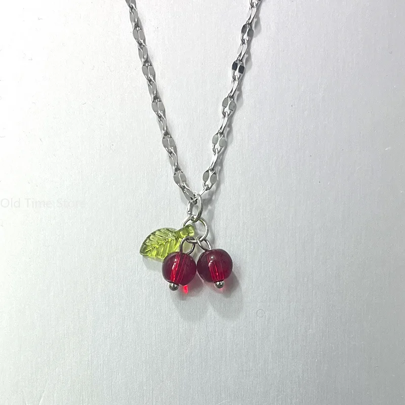 Stainless steel Cherry Necklace Natural stone beads pendant chain necklace Women's fashion wedding jewelry birthday gift