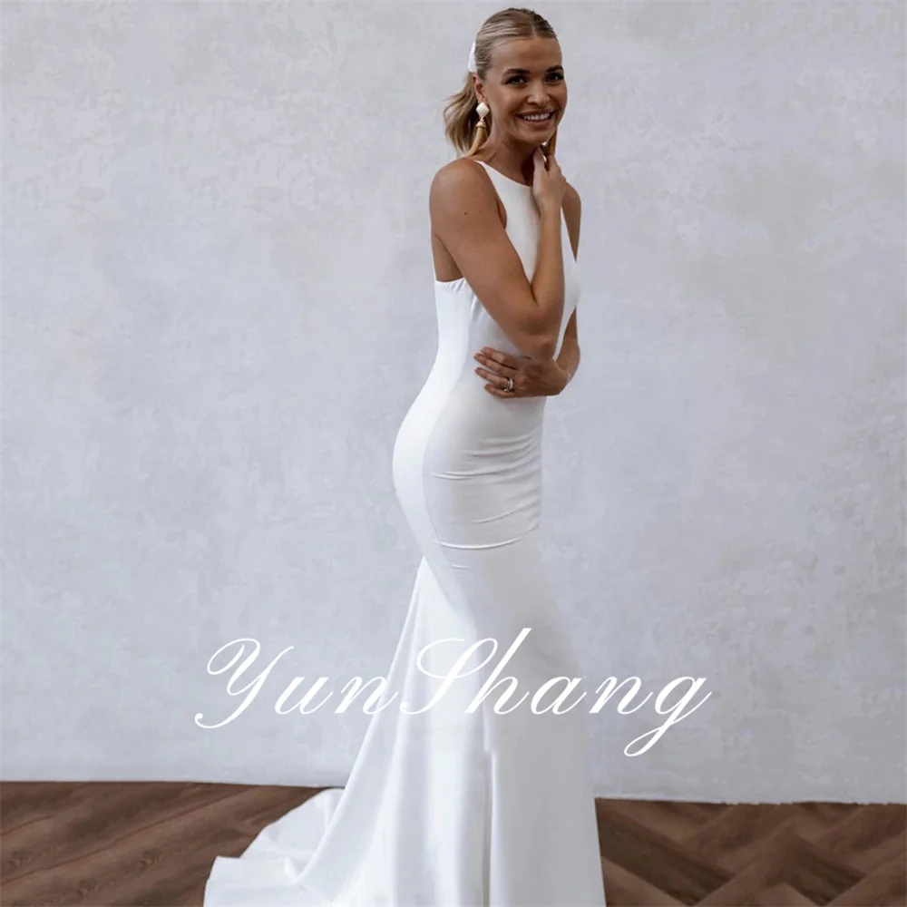 

Yunshang Elegant Mermiad Wedding Dress Boat Neck Sleeveless Open Back Spaghetti Straps Bridal Gown Vestidos De Novia Customized