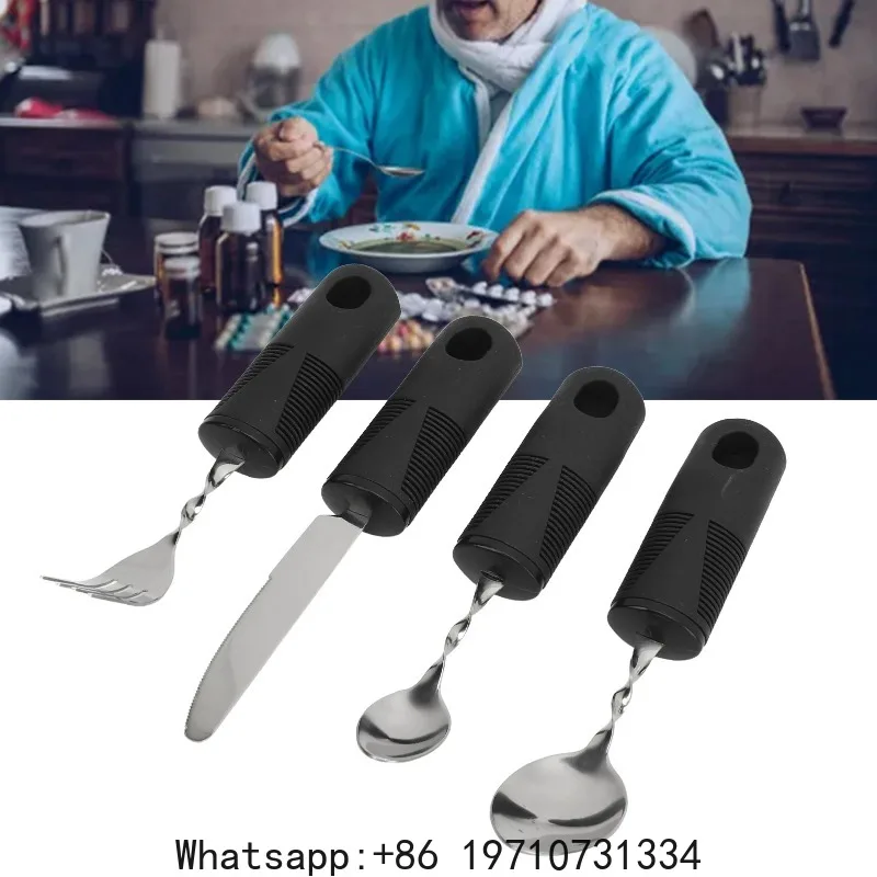 4Pcs Handle Cutlery Set Stainless Steel Tableware Set Kitchen Knife Fork Spoon Dinnerware Set Elderly Aid Utensil Kitchen Tool