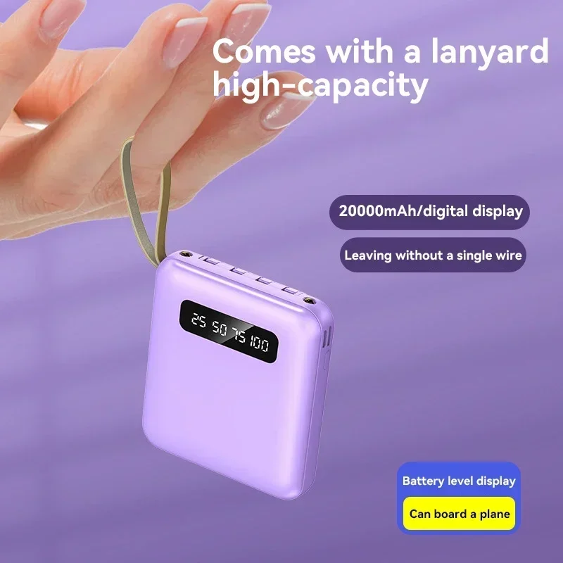 

Мини-Power Bank большой емкости 20000 мАч, портативный внешний аккумулятор с быстрой зарядкой и кабелем для IPhone, Xiaomi, Samsung, внешний аккумулятор