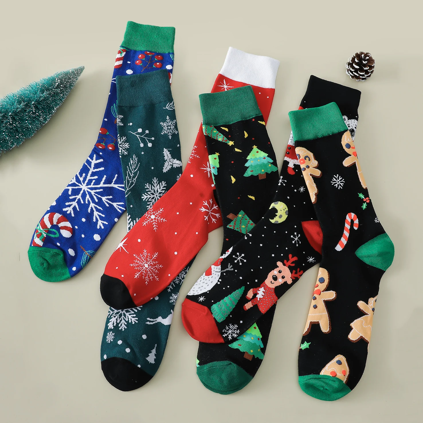 6 paia donna uomo calzini natalizi fiocco di neve alce dolci biscotti babbo natale albero di natale Jacquard equipaggio cartone animato calzini di