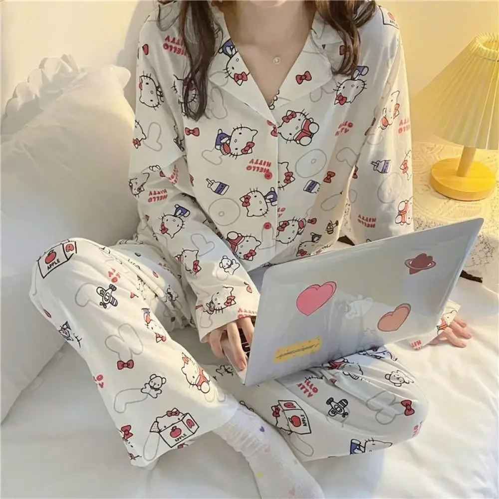 Anime Hello Kitty 2Pcs Pajamas Set Sanrioed Cinnamoroll Kawaii for Women Kt Cat Long Sleeve Tops Pants Loungewear Homewear Sweet