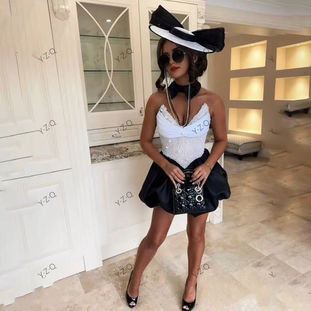 Pretty White Black Women Dresses Pearls Beading Prom Gowns Draped Off Shoulder Short Sleeveless A Line Party Dress