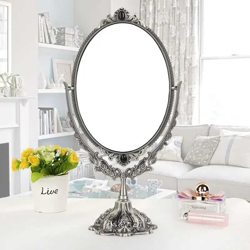 European Vintage Grape Branch with Flowers Design Antique Brass 6x8 Inches Double Sided Metal Table Decor Swing Cosmetic Mirror