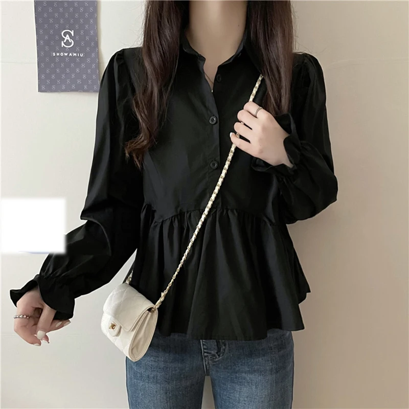 

Fashion Solid Color Lapel Button Folds Ruffles Korean Blouse Female Clothing 2023 Autumn New Casual Pullovers Loose Sweet Shirt