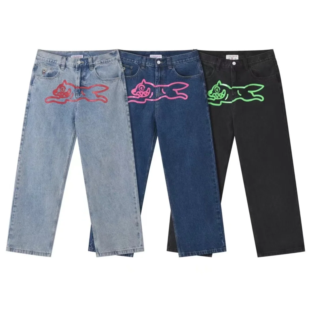 

ICECREAM Fly Dog Printed Men Straight Denim Pants Loose Fit YKK Zipper Casual Denim Jeans Pants Trousers