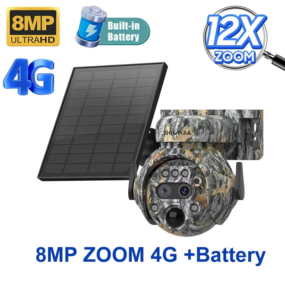 SHIWOJIA 6K 12MP 4G zonne-beveiligingscamera 60X ZOOM buiten 360 °   Bekijk Animal Monitoring Solar Battery Security Surveillan Video