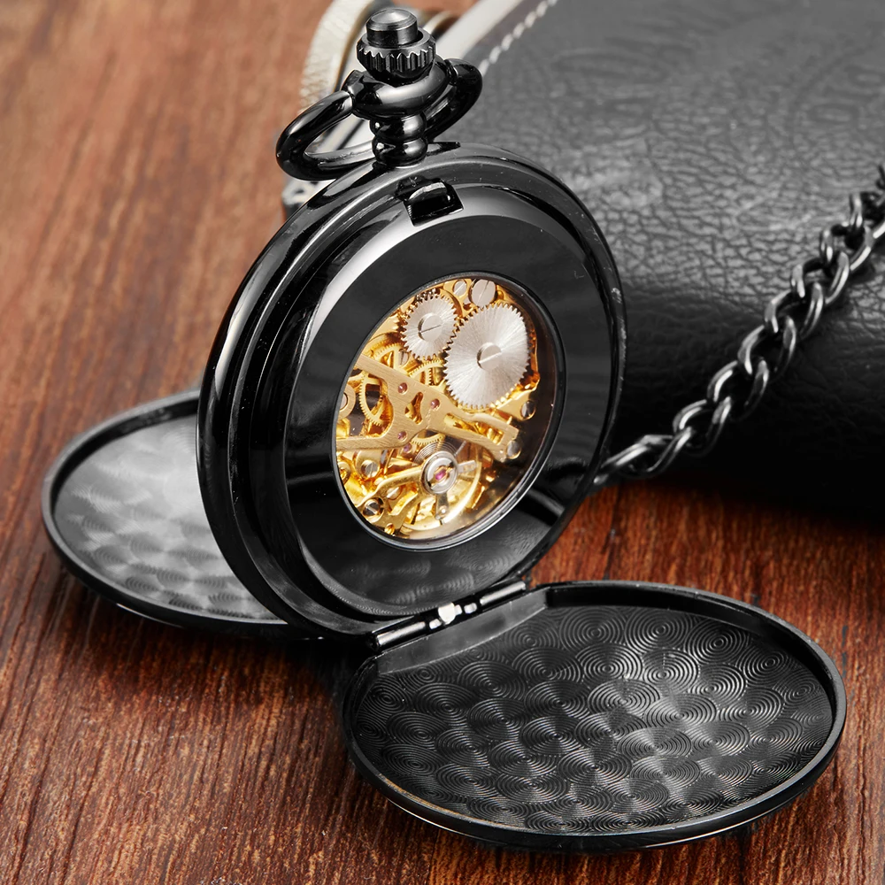 black/gold Gold Carving Hollow Mechanical Self Wind Pocket Watch Roman Numerals Skeleton Dial Fob Time Unisex