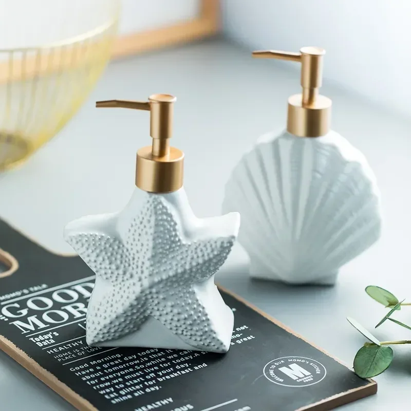 Starfish Shell Shape Ceramic Liquid Soap Dispenser Bathroom Sub-bottling Shower Gel Bottle Hand Sanitizer Container Bathroom