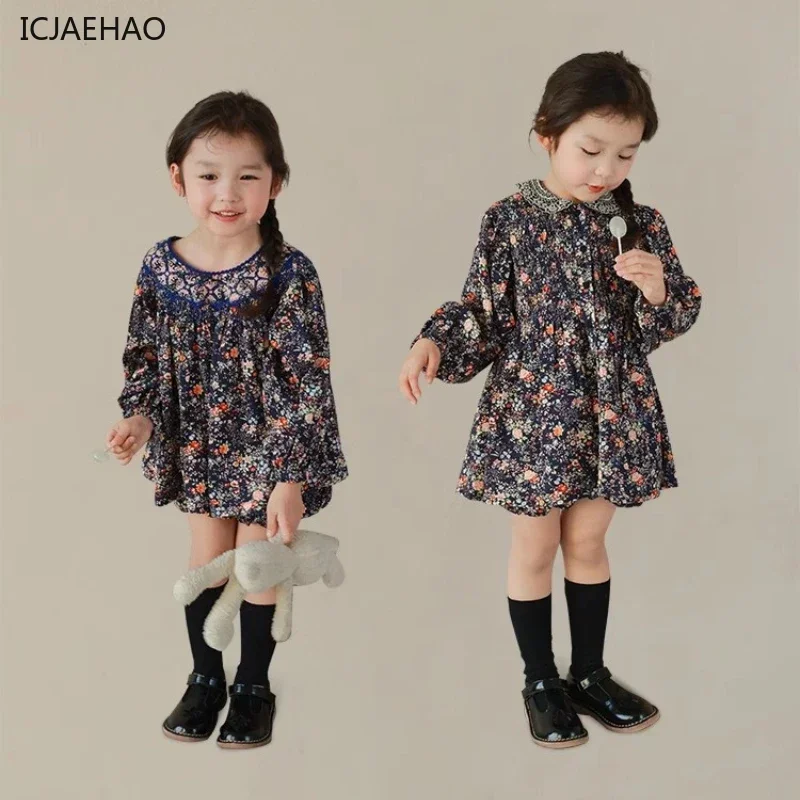 

ICJAEHAO 2024Children Clothes Korean Floral Smocked Kids Autumn Costume Round Neck Tops Fashion Shorts Elegant Retro Girls Dress