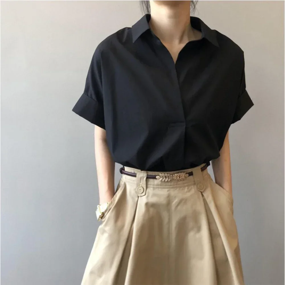 Women Blouses Spring Summer Breathable Simple Short Batwing Sleeve Turn Town Quick Dry Collar Shirts Solid Color Female Clothing