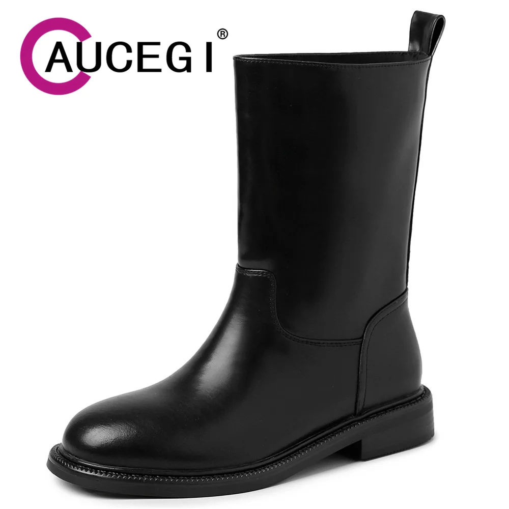 

Aucegi Ins Fashion Women Mid-calf Genuine Leather Boots Classic Style Round Toe Low Heels Autumn Winter Daily Life Shoes