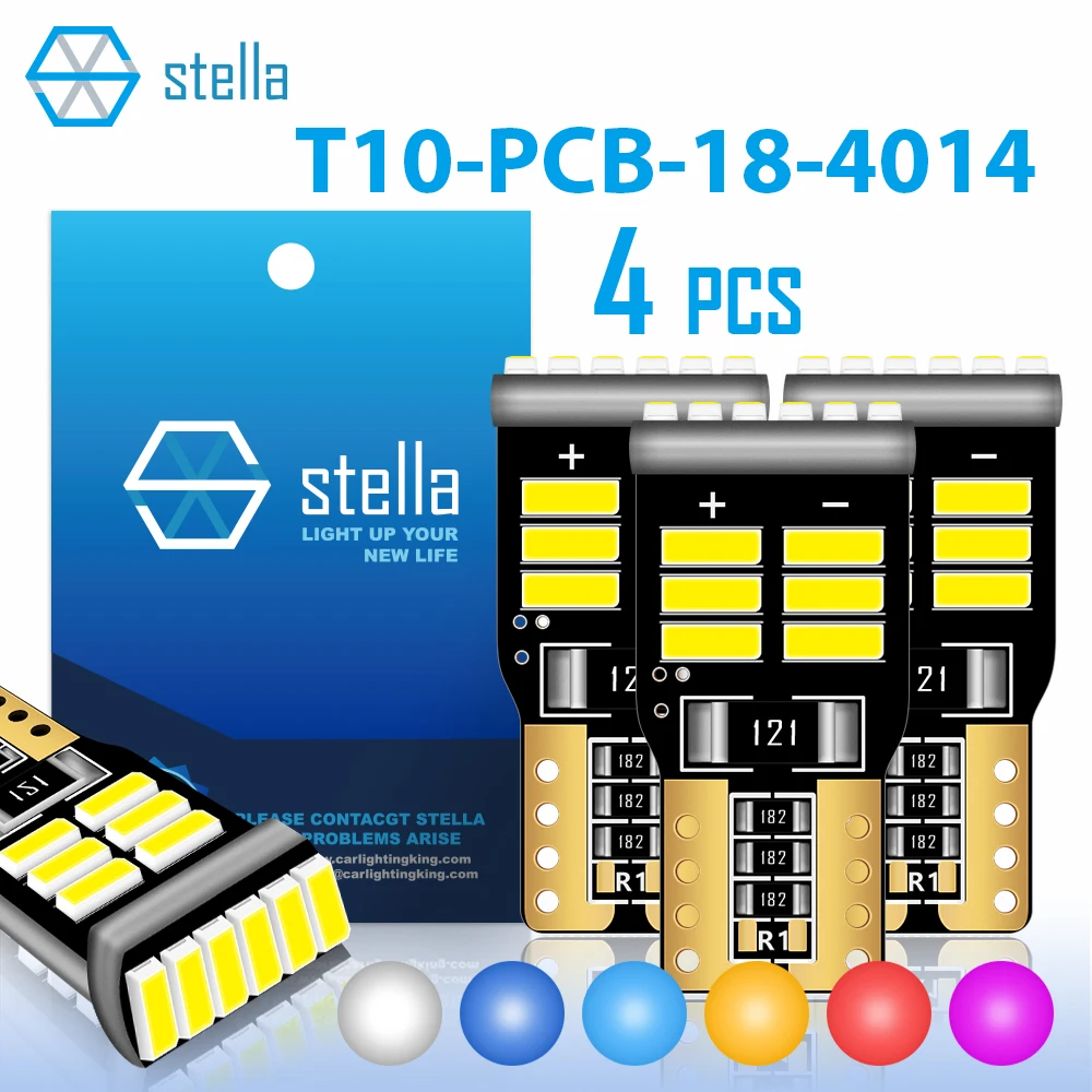 Stella 4pc T10 LED Bulb W5W Strong Canbus Error Free 18 Chips Hight Bright  Auto Signal Lamp 12V Car Interior Light Reading Lamp