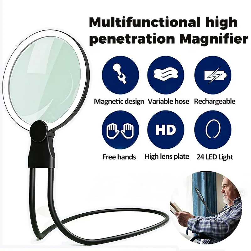 Neck Wear Magnifier Handheld Magnifying Glass 24 LED Lights Rechargeable Hands Free Large Screen Lens Magnifier for Reading